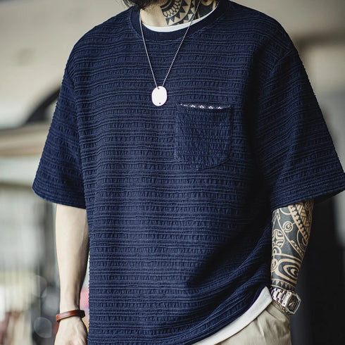 Retro Indigo Jacquard T-Shirt – Men’s Textured Knit Summer Tee